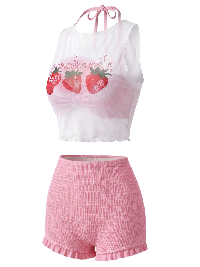 [Pre-Vendita] Set Bikini Halter Smock con Fragole Rosa Anni '50 2
