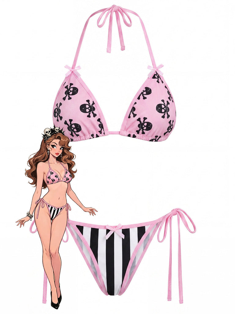 [Prevendita] Set Bikini Gotico con Stampa Teschi a Righe Rosa Anni '80