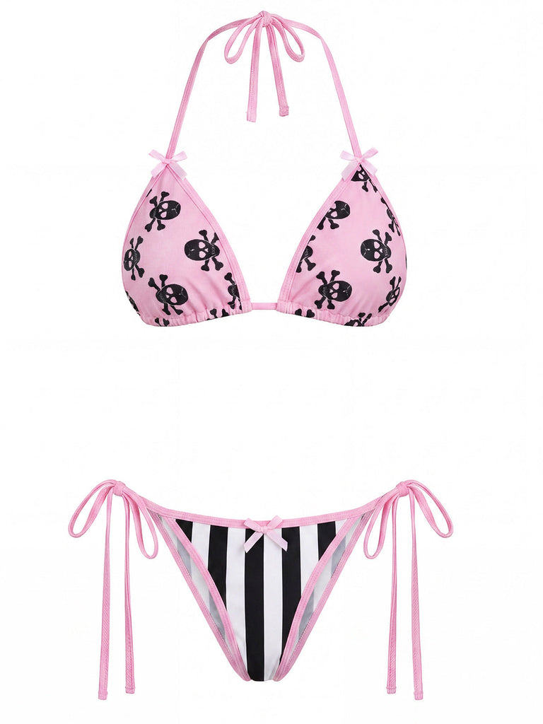 [Prevendita] Set Bikini Gotico con Stampa Teschi a Righe Rosa Anni '80 2