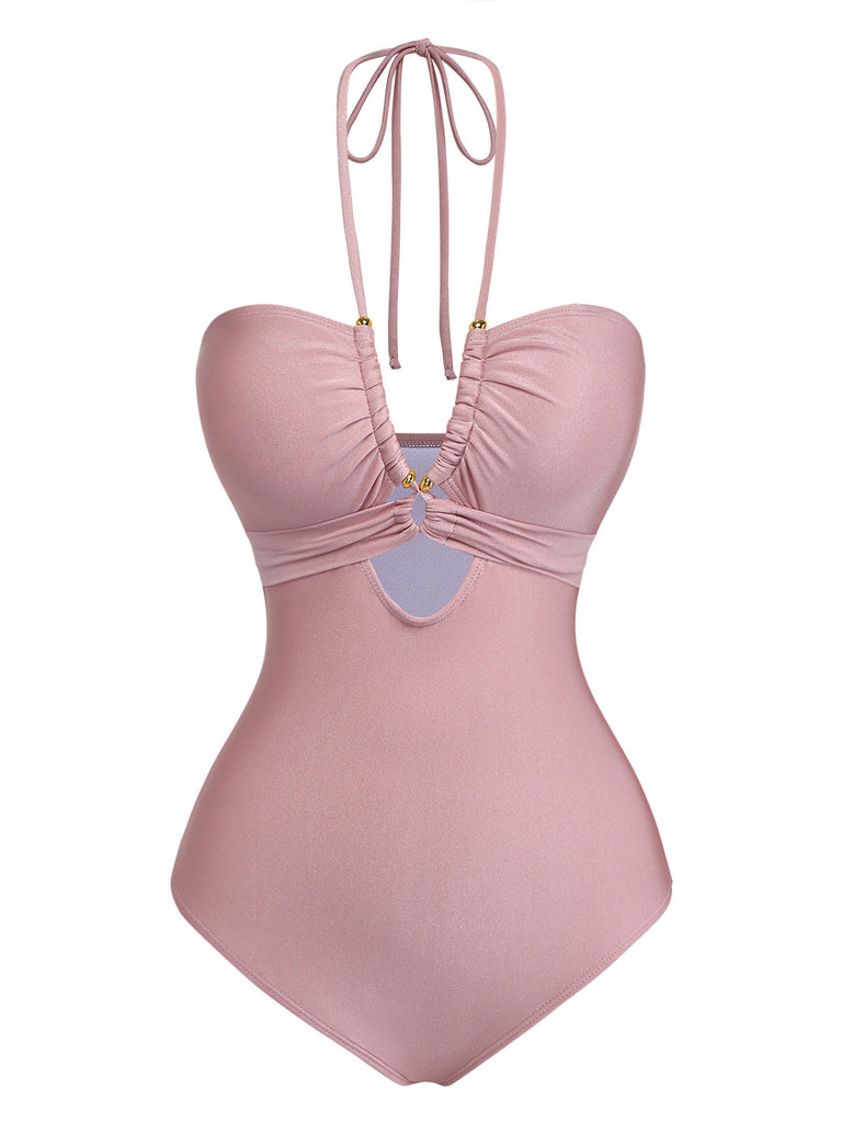 Rosa Costume da Bagno con Allacciatura al Collo Anello in Metallo e Incrocio Anni '40 2