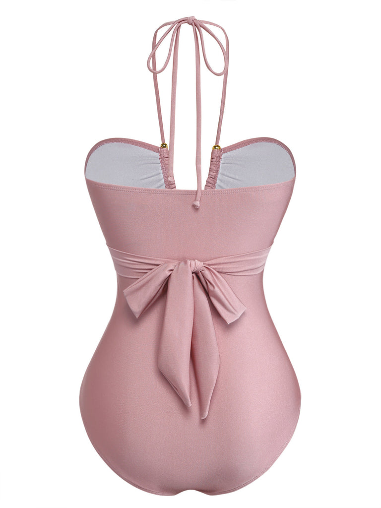 Rosa Costume da Bagno con Allacciatura al Collo Anello in Metallo e Incrocio Anni '40 3