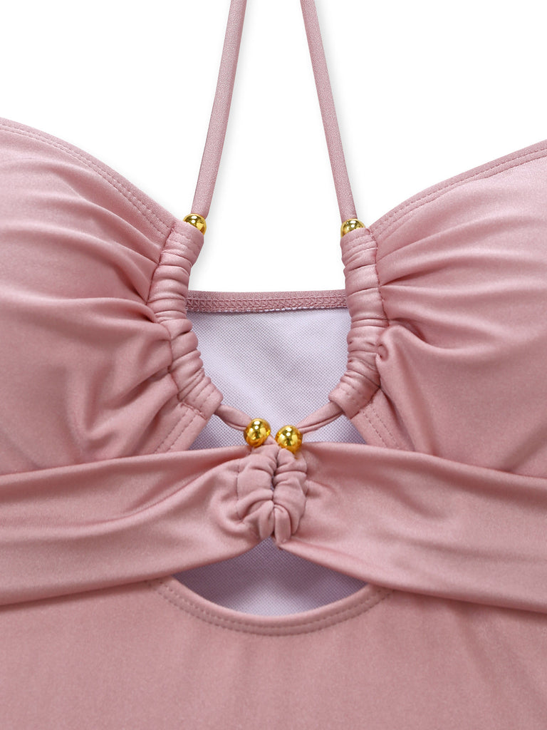 Rosa Costume da Bagno con Allacciatura al Collo Anello in Metallo e Incrocio Anni '40 4