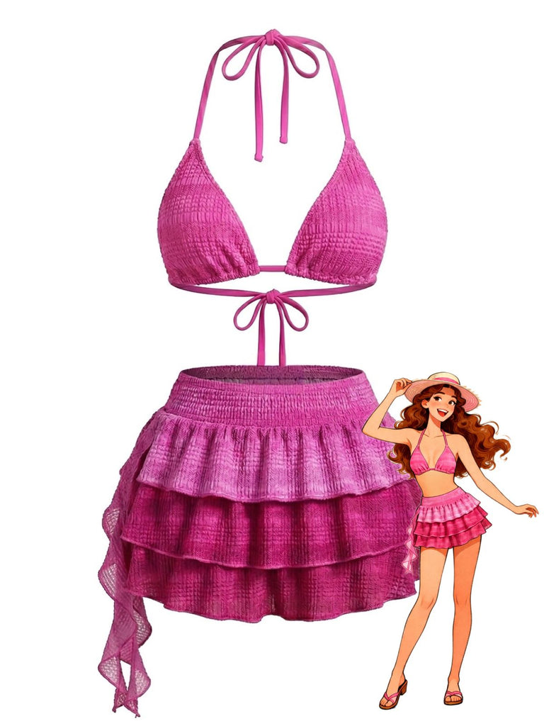 2PCS Set Bikini Rosa Halter e Copricostume Gonna con Volant Anni '50