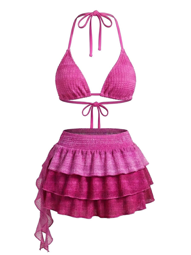 2PCS Set Bikini Rosa Halter e Copricostume Gonna con Volant Anni '50 4
