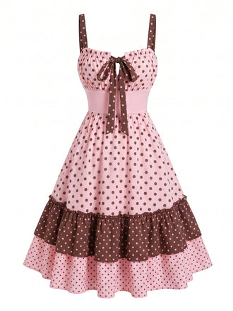 [Prevendita] Abito a Balze con Bretelle a Pois Rosa Anni '50
