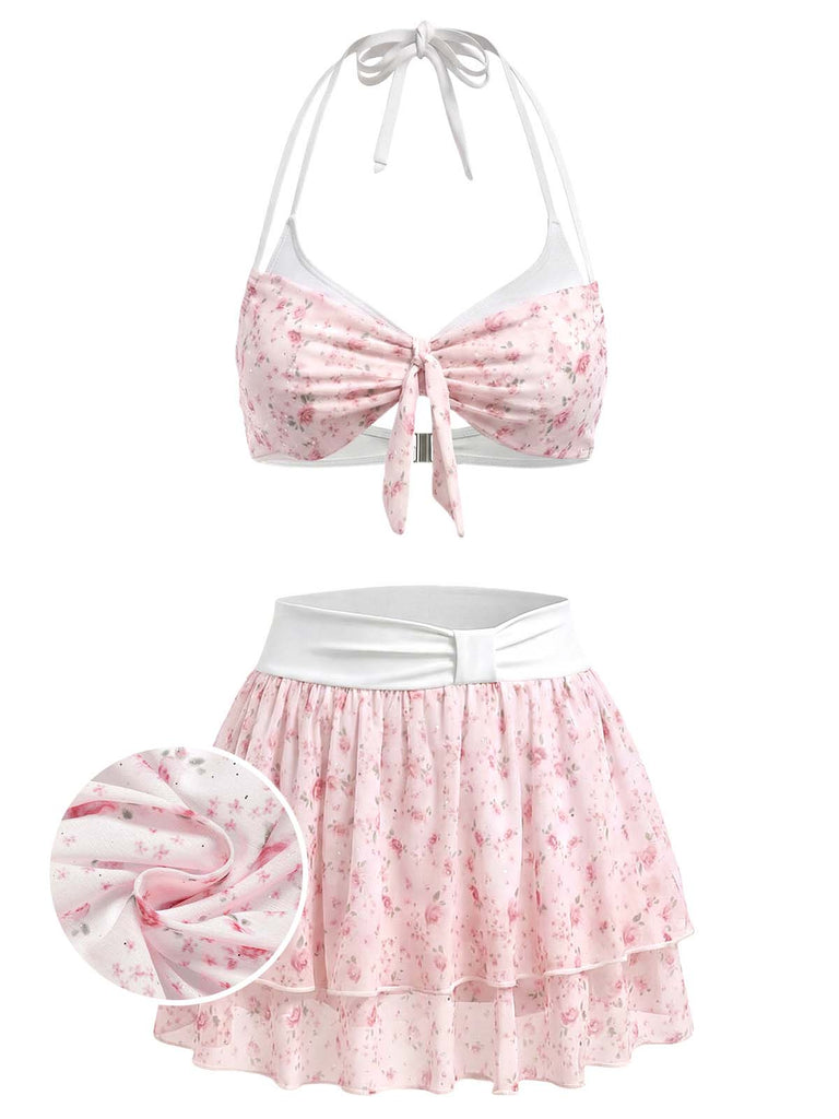 [Pre-Vendita] Set Bikini in Voile con Schiena Scoperta e Volant a Fiorellini Rosa Anni '50