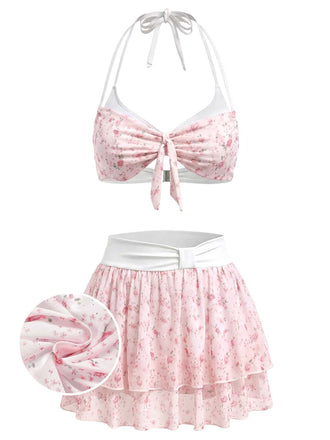 [Pre-Vendita] Set Bikini in Voile con Schiena Scoperta e Volant a Fiorellini Rosa Anni '50