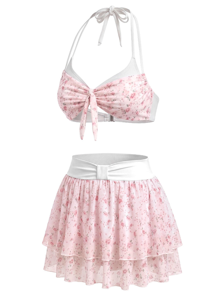 [Pre-Vendita] Set Bikini in Voile con Schiena Scoperta e Volant a Fiorellini Rosa Anni '50 3