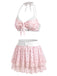 [Pre-Vendita] Set Bikini in Voile con Schiena Scoperta e Volant a Fiorellini Rosa Anni '50 3