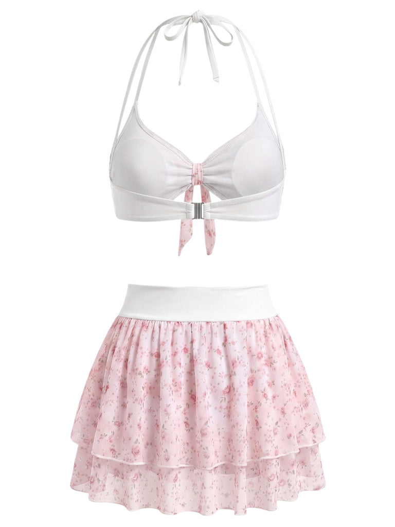 [Pre-Vendita] Set Bikini in Voile con Schiena Scoperta e Volant a Fiorellini Rosa Anni '50 4