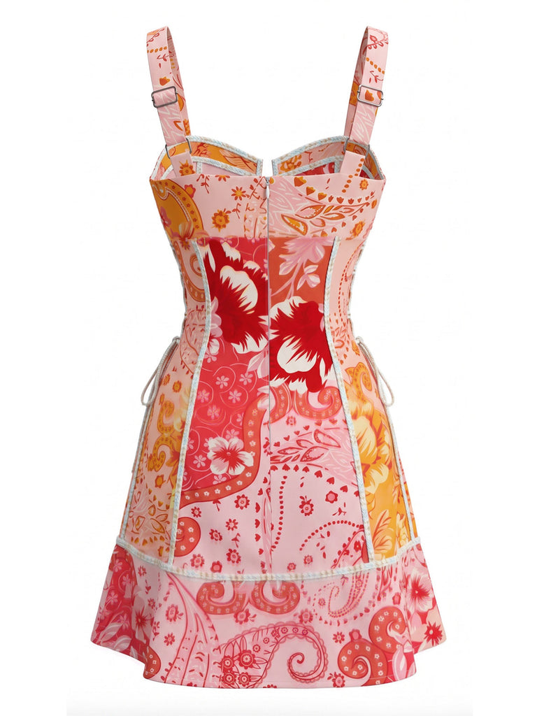 Mini Abito Allacciato Floreale Paisley Rosa Anni '70