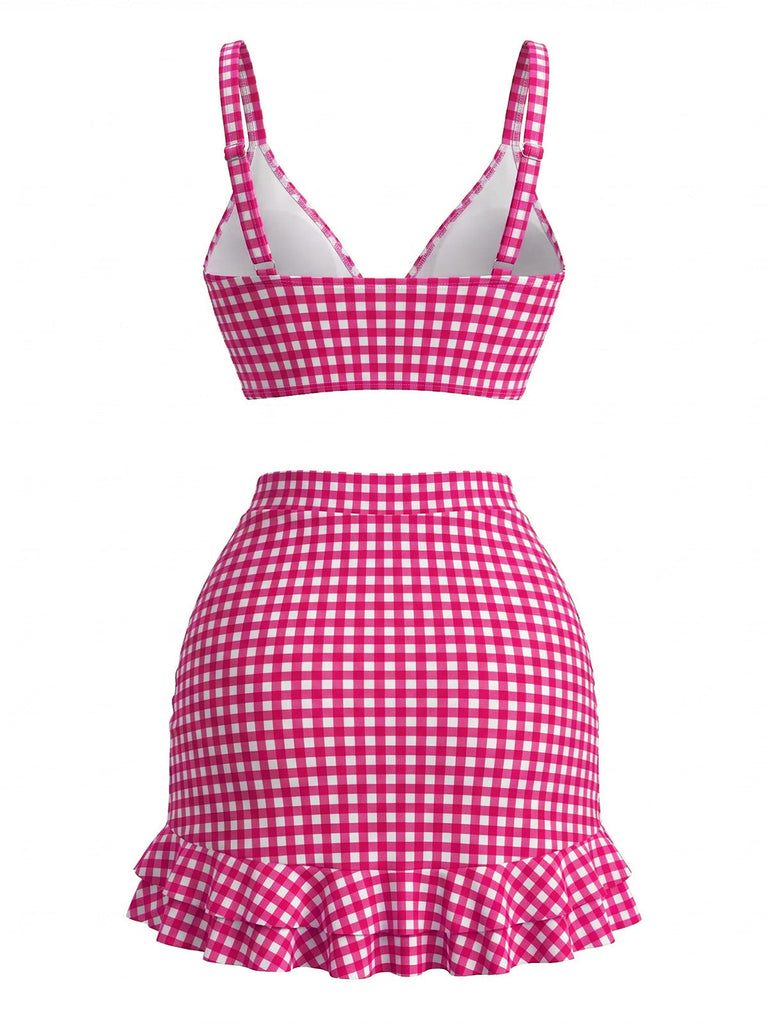 Set Tankini 3PCS con Volant Hem a Quadri Drawstring Anni '50 8