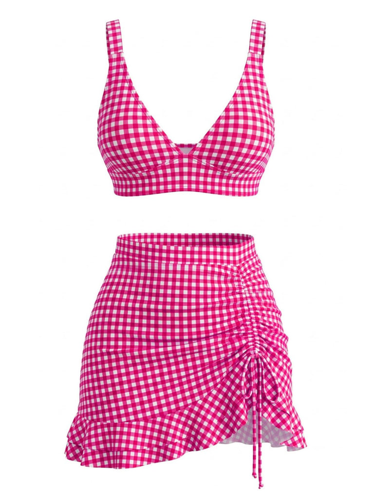 Set Tankini 3PCS con Volant Hem a Quadri Drawstring Anni '50 7