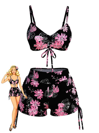 Set Bikini Floreale con Coulisse Nero e Rosa Anni '40