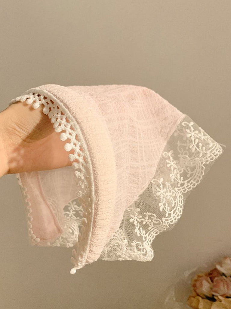 Foulard per Testa in Maglia Trasparente con Pompon e Pizzo Rosa