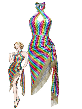 [Prevendita] Abito Aderente Sirena Halter Metallizzato con Frange Arcobaleno Anni '80