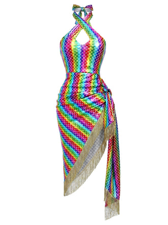 [Prevendita] Abito Aderente Sirena Halter Metallizzato con Frange Arcobaleno Anni '80