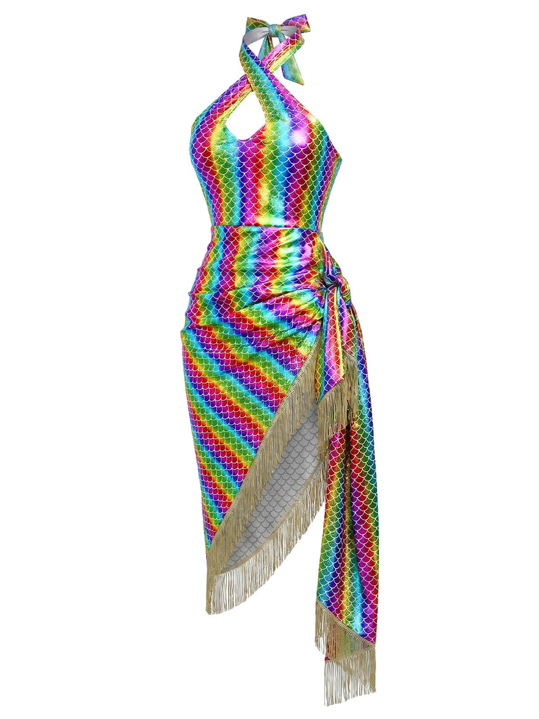 [Prevendita] Abito Aderente Sirena Halter Metallizzato con Frange Arcobaleno Anni '80