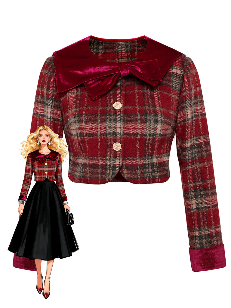Red 1940s Brushed Plaid Velvet Patchwork Jacket - vintage fashion, retro style, elegant red