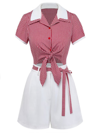 [Pre-Vendita] Tuta Corta Rossa a Quadri Finto 2PCS con Cintura Anni '50 2