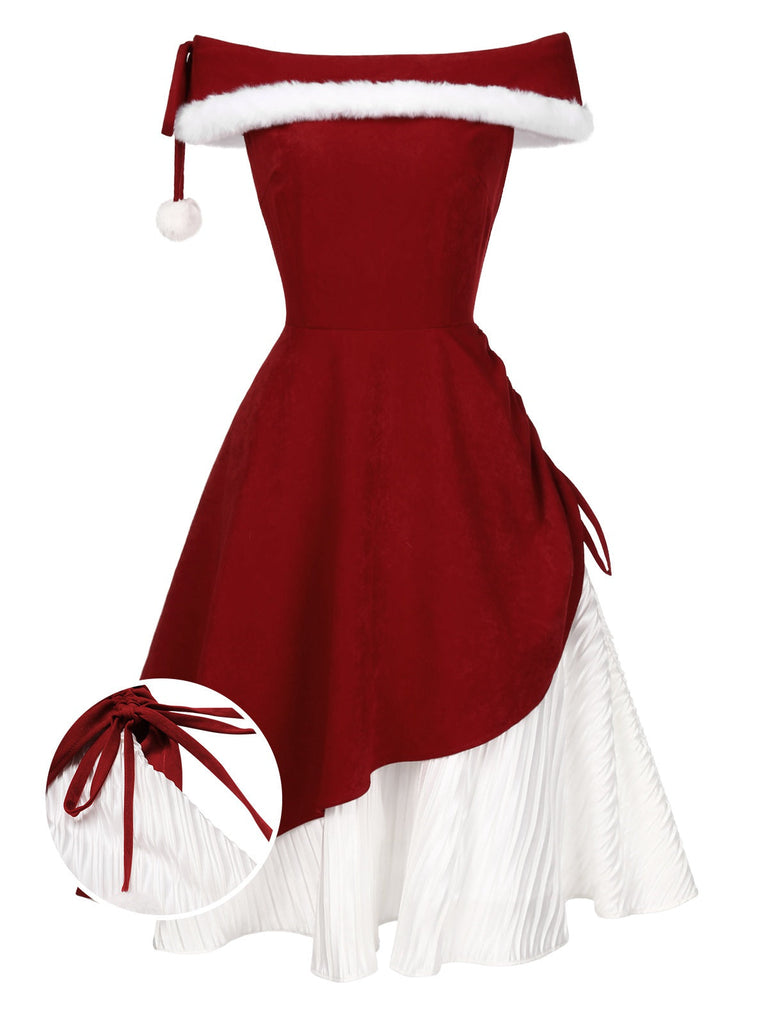 She slips into this Red 1950s Christmas Plush Off-Shoulder Dress and suddenly it's a 1950s daydream