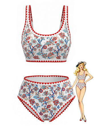 [Pre-Vendita] Set Tankini a Collo U Floreale con Bordo Zigzag Rosso Anni '50