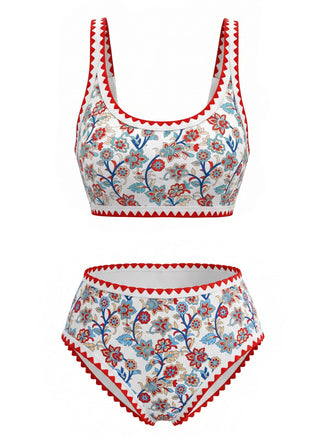 [Pre-Vendita] Set Tankini a Collo U Floreale con Bordo Zigzag Rosso Anni '50 2