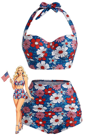 [Prevendita] Set Bikini Floreale Halter Rosso Blu e Bianco Anni '50