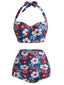 [Prevendita] Set Bikini Rosso Blu e Bianco Anni '50 Floreale con Scollo All'americana