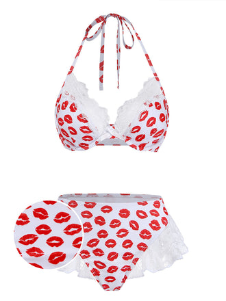 [Pre-Vendita] Set Bikini Rosso e Bianco Halter Stampa Labbra in Pizzo Anni '50