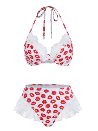 [Pre-Vendita] Set Bikini Rosso e Bianco Halter Stampa Labbra in Pizzo Anni '50 2
