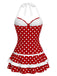 Red 1940s Polka Dot Halter Bow One-Piece Swimdress back view
