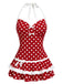 Red 1940s Polka Dot Halter Bow One-Piece Swimdress front view