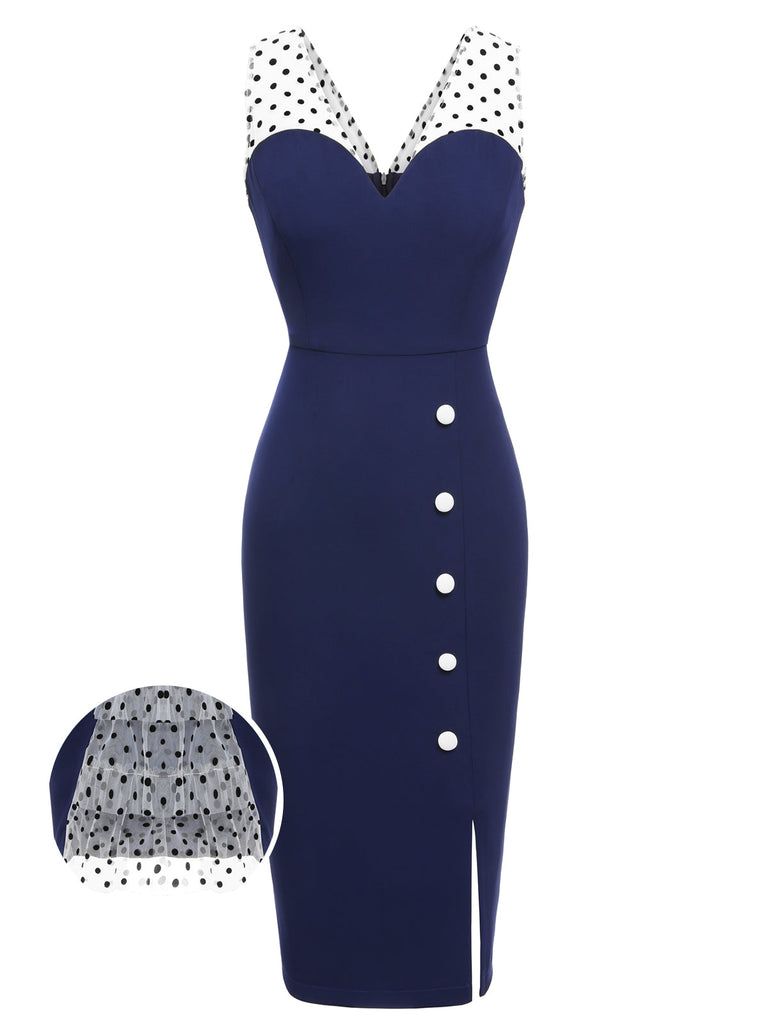 Abito a tubino pois patchwork blu scuro anni '60
