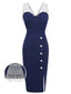 Abito a tubino pois patchwork blu scuro anni '60