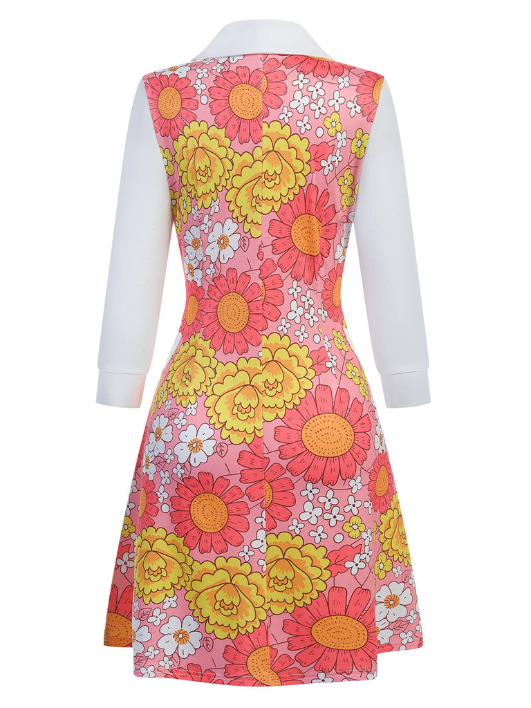 Abito patchwork fioreale a risvolto arancione anni '60