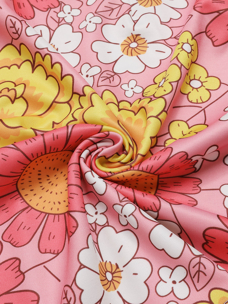 Abito patchwork fioreale a risvolto arancione anni '60