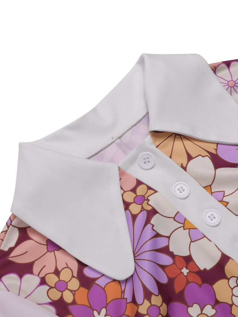 Abito patchwork fioreale a risvolto arancione anni '60