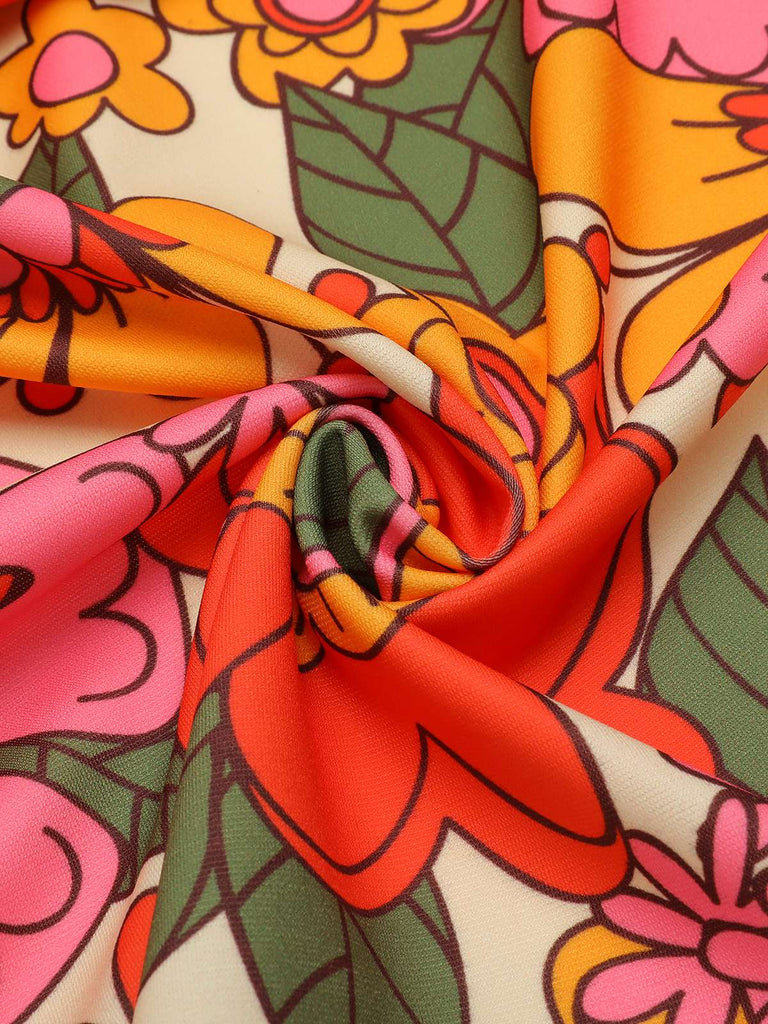 Abito patchwork fioreale a risvolto arancione anni '60