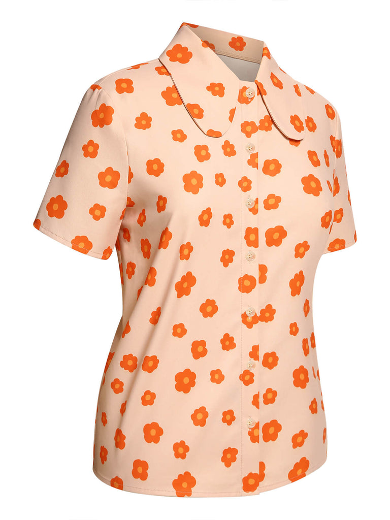 Camicia floreale a maniche corte arancione anni '60