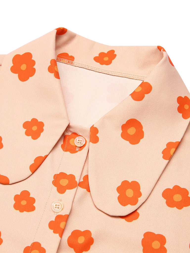 Camicia floreale a maniche corte arancione anni '60