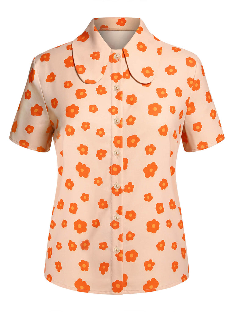 Camicia floreale a maniche corte arancione anni '60