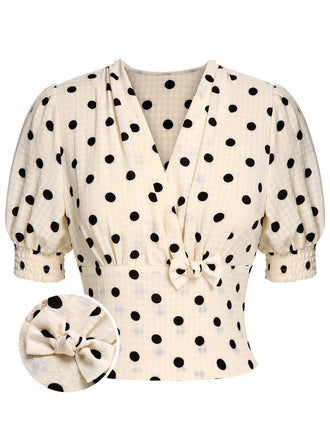[Prevendita] Camicetta a pois scollo a V fiocco beige anni '40