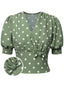 Camicetta a pois scollo a V fiocco verde anni '40