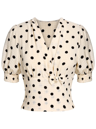[Prevendita] Camicetta a pois scollo a V fiocco beige anni '40