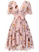 Abito floreale rosa fiocco scollo a V anni '50