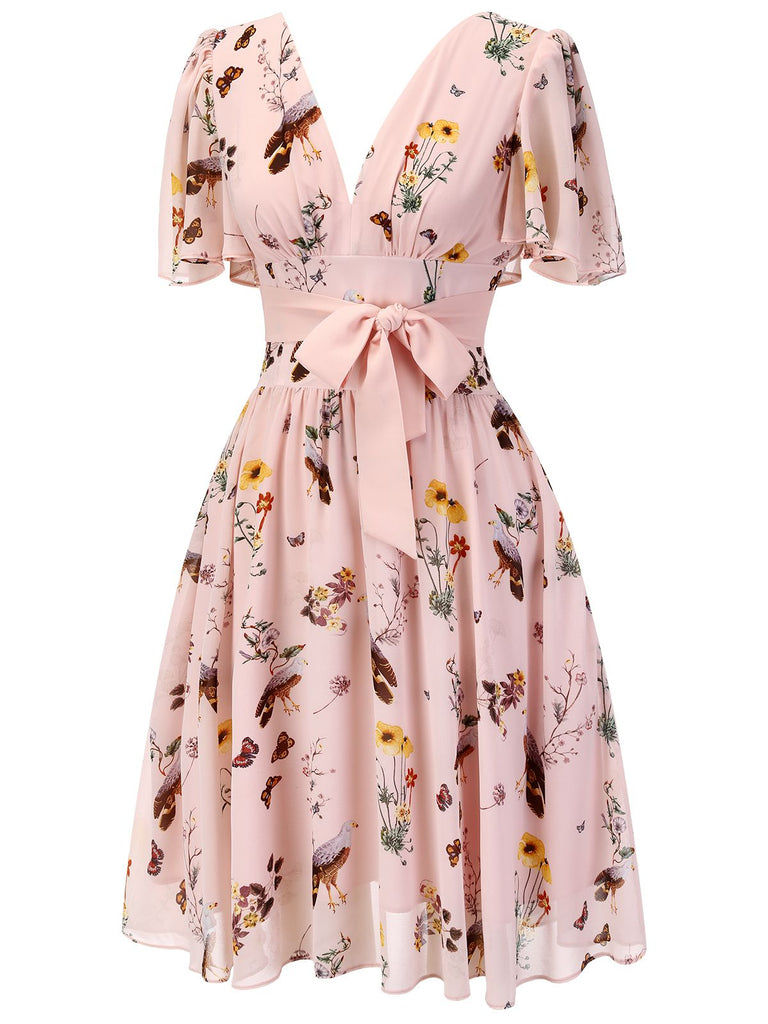 Abito floreale rosa fiocco scollo a V anni '50