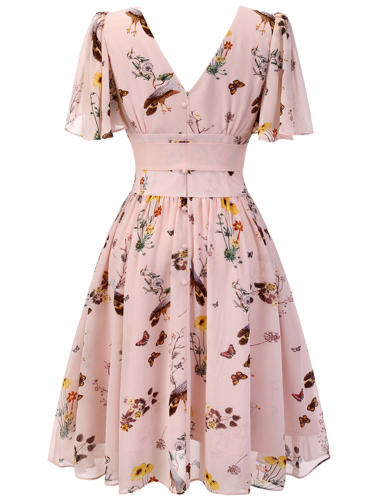 Abito floreale rosa fiocco scollo a V anni '50