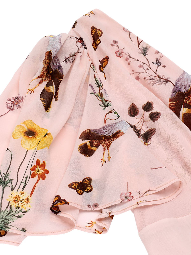 Abito floreale rosa fiocco scollo a V anni '50