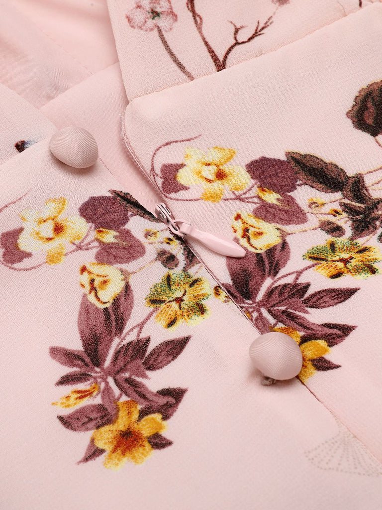Abito floreale rosa fiocco scollo a V anni '50